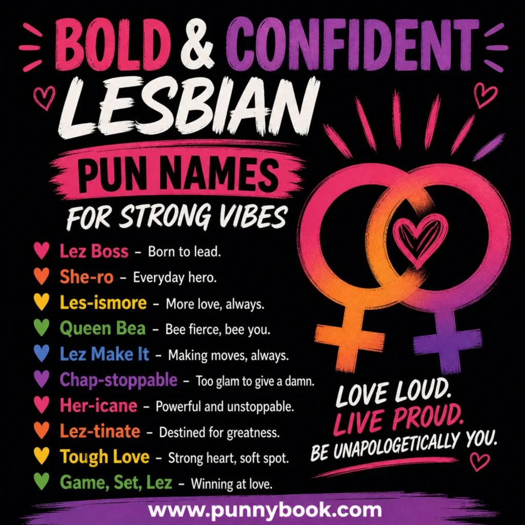 Bold and confident lesbian pun names for strong vibes